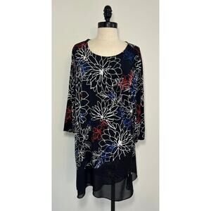 VINCE CAMUTO Black Floral Polyester Tunic Top Blouse Sheer Hem Womens 1X